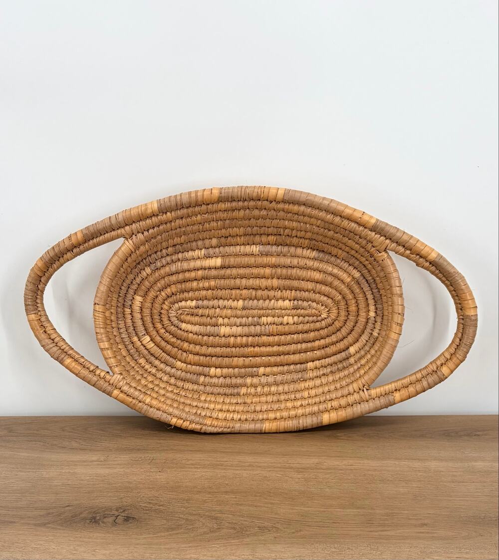 Vintage Boho Hand Woven Coil Straw Basket Tray, Oval Serving Platter, Wall Art